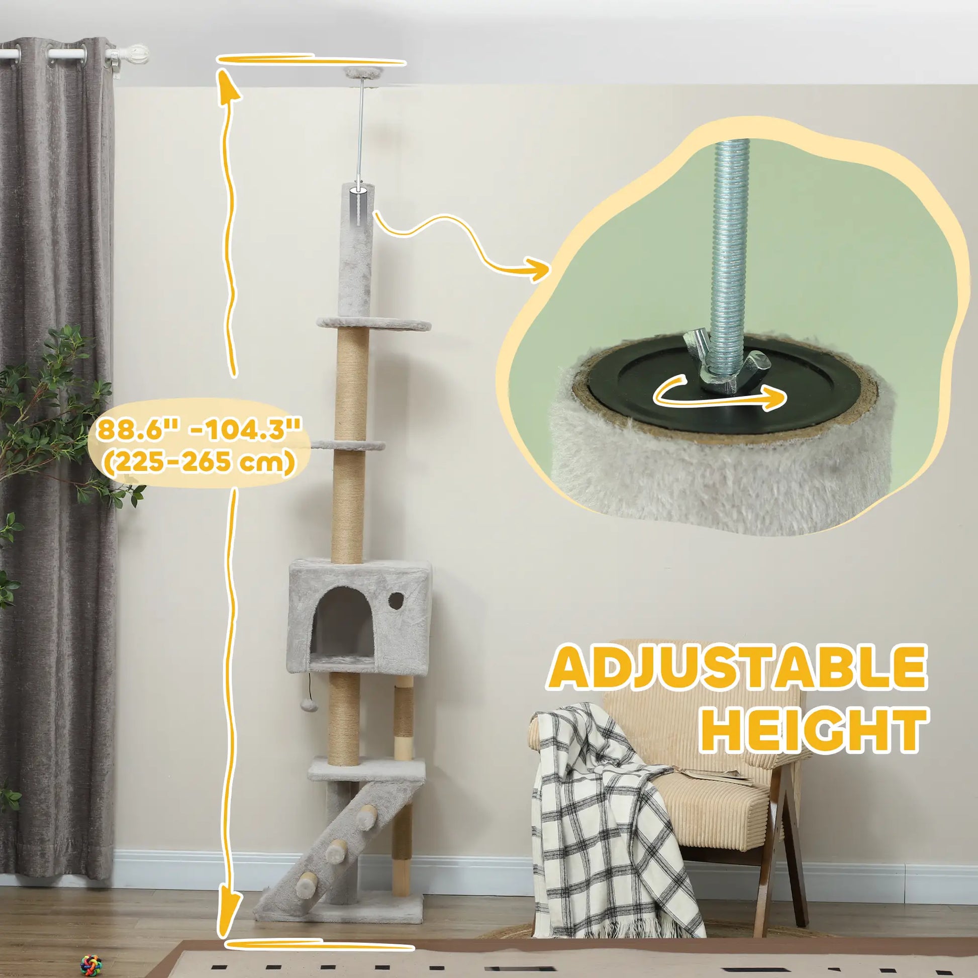 89"-104" Cat Tree, Scratching Post, Cat House, 3-Steps, Hanging Ball, Light Grey Floor to Ceiling Cat Trees at Gallery Canada