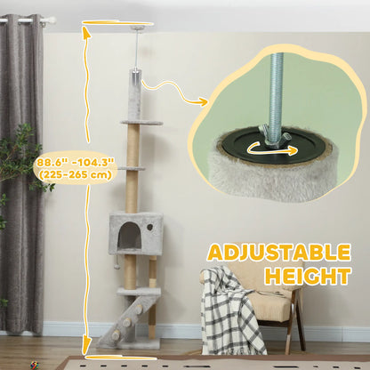 89"-104" Cat Tree, Scratching Post, Cat House, 3-Steps, Hanging Ball, Light Grey Floor to Ceiling Cat Trees at Gallery Canada