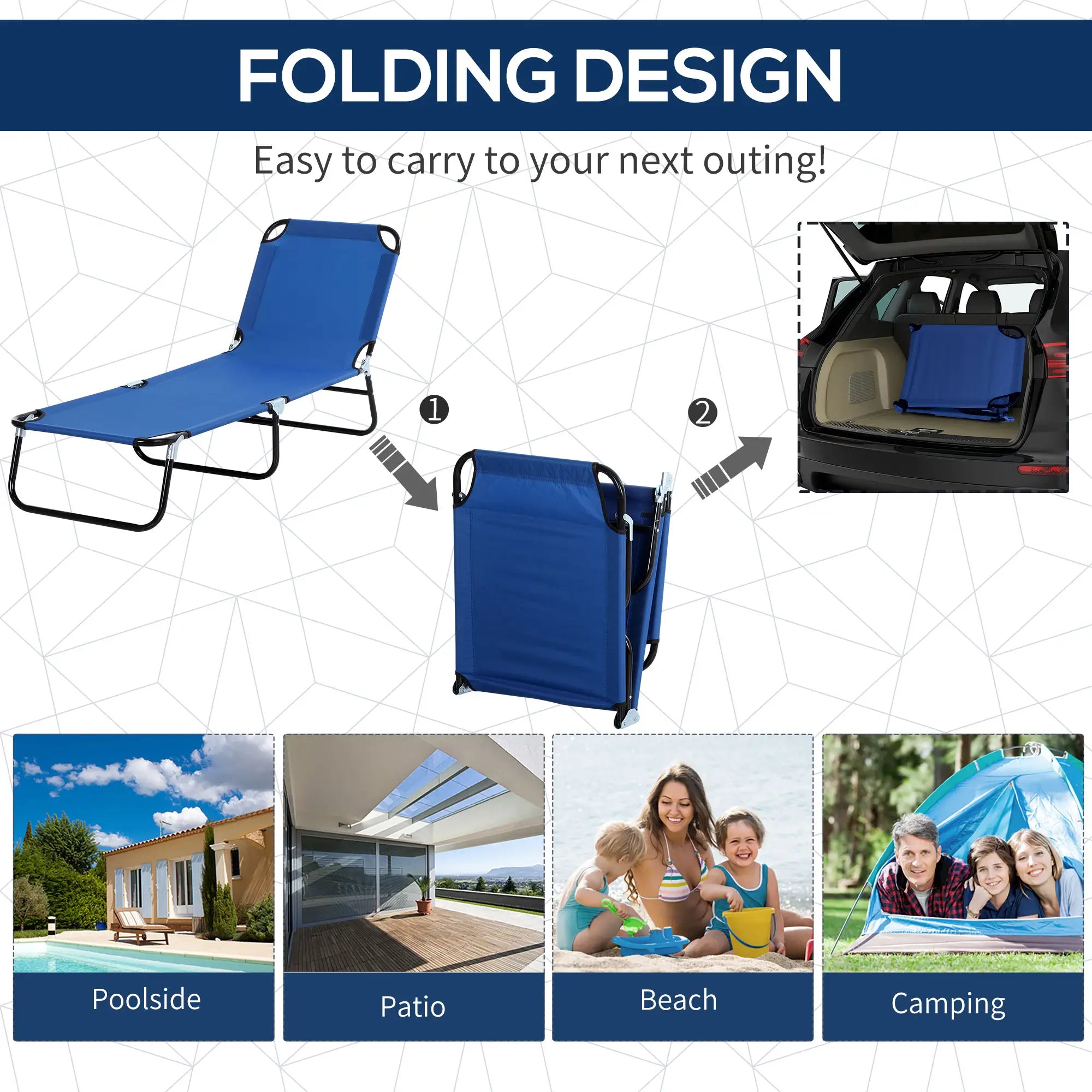 Outdoor Lounge Chair, Adjustable Folding Chaise, Tanning Chair with Shade, Blue Lounger Chairs at Gallery Canada