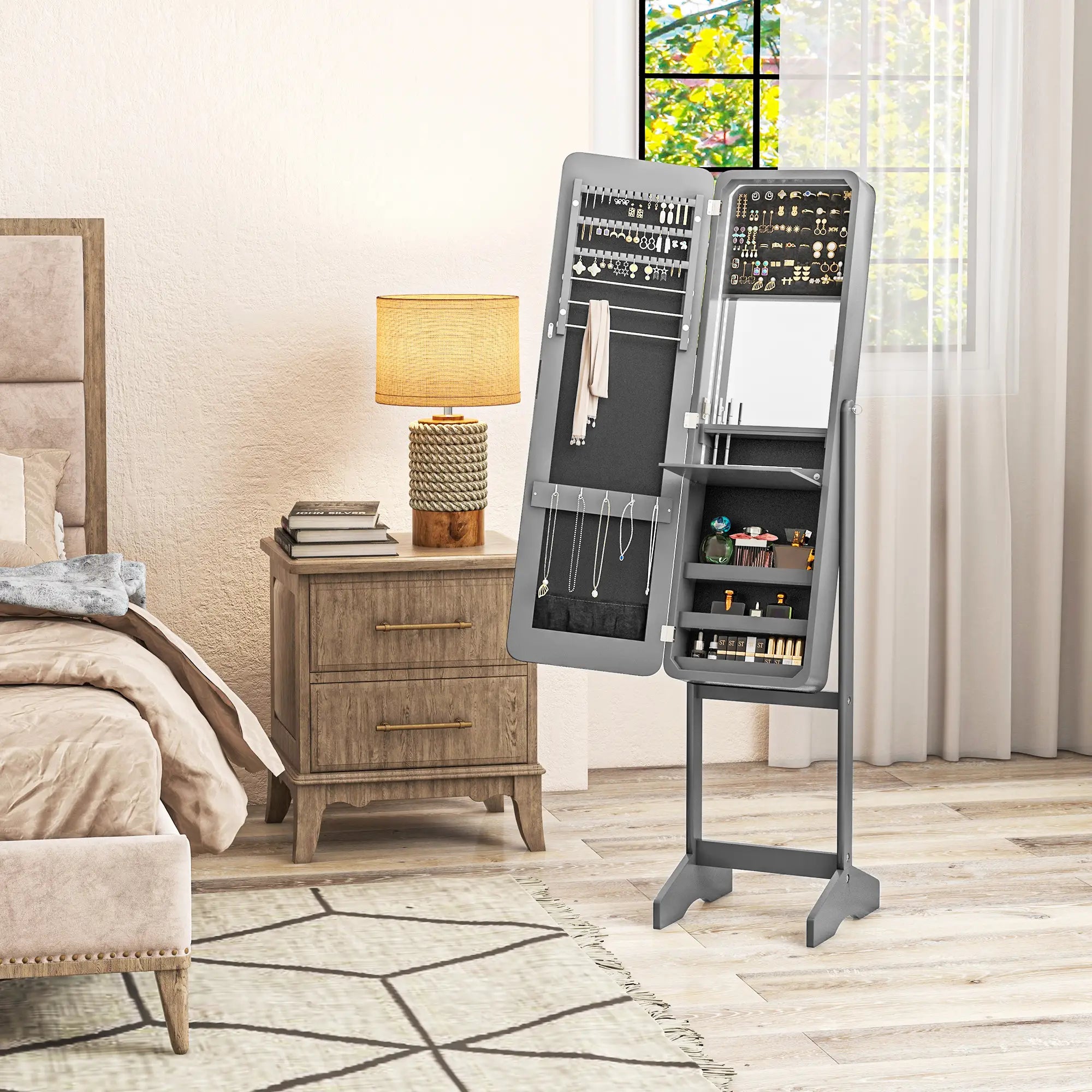 Standing Mirror Jewelry Cabinet, LED Lights, Angle Adjustable, Grey Jewelry Armoire & Jewellery Mirror Cabinets at Gallery Canada