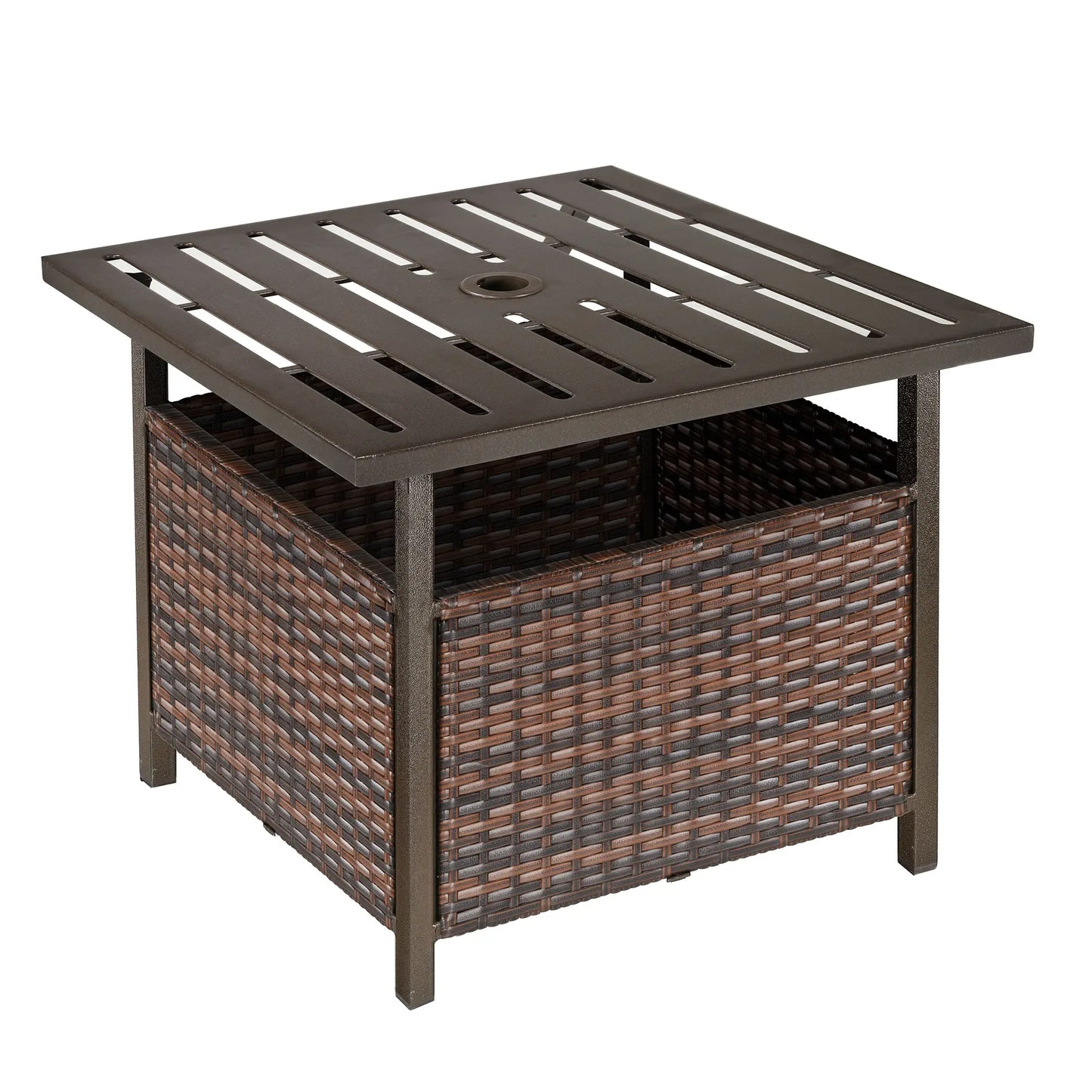 21.75" Outdoor Rattan Coffee Table, Umbrella Hole, Slatted Metal Top, Brown Patio Side Tables Brown at Gallery Canada