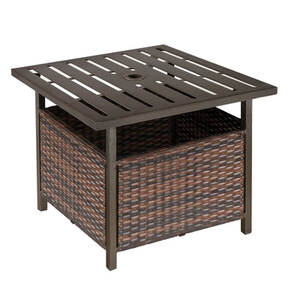 21.75" Outdoor Rattan Coffee Table, Umbrella Hole, Slatted Metal Top, Brown Patio Side Tables Brown at Gallery Canada