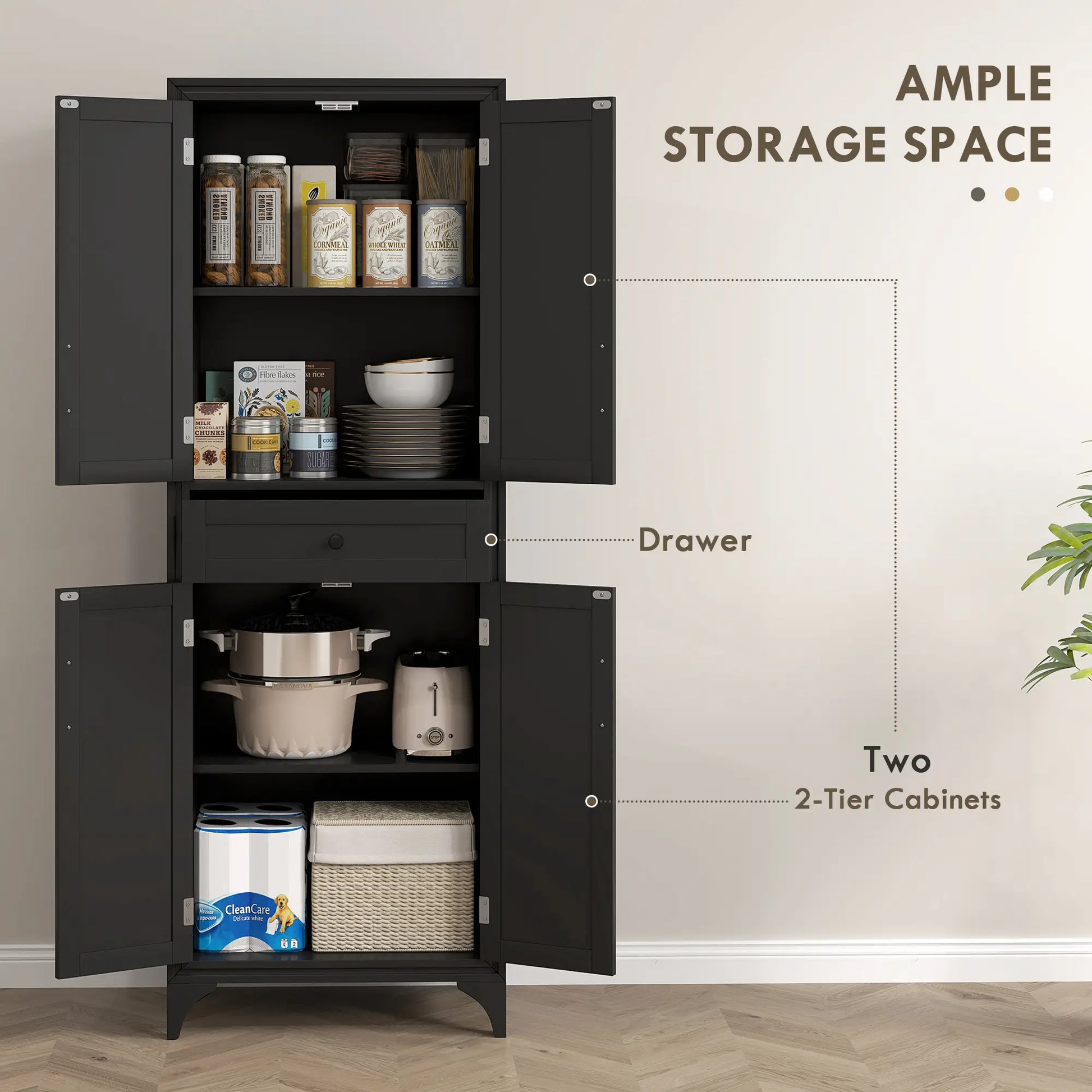 Freestanding Storage Cabinet, Kitchen Pantry, 2 Shelves, 4 Doors, Black Kitchen Pantry Cabinets at Gallery Canada