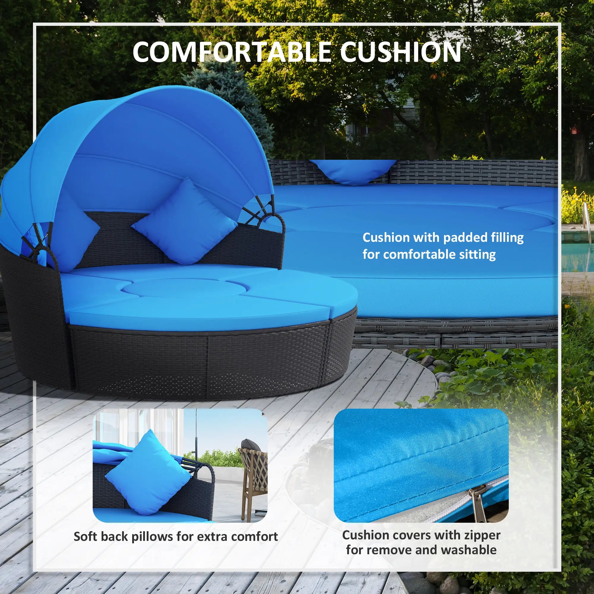 4-Piece Round Sofa Bed, Outdoor Daybed, Retractable Canopy, PE Rattan Daybeds at Gallery Canada