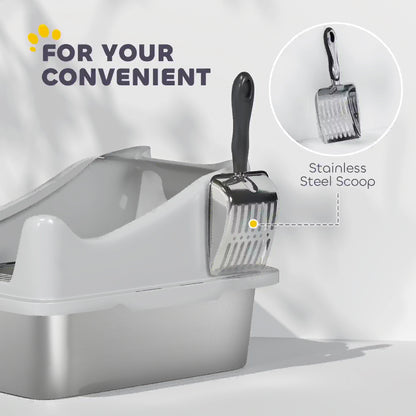 Stainless Steel Cat Litter Box, 17" x 13" x 10", Metal Scoop, Grey