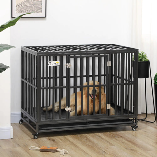 44 Heavy Duty Steel Dog Crate, Pet Cage with Wheels, Black
