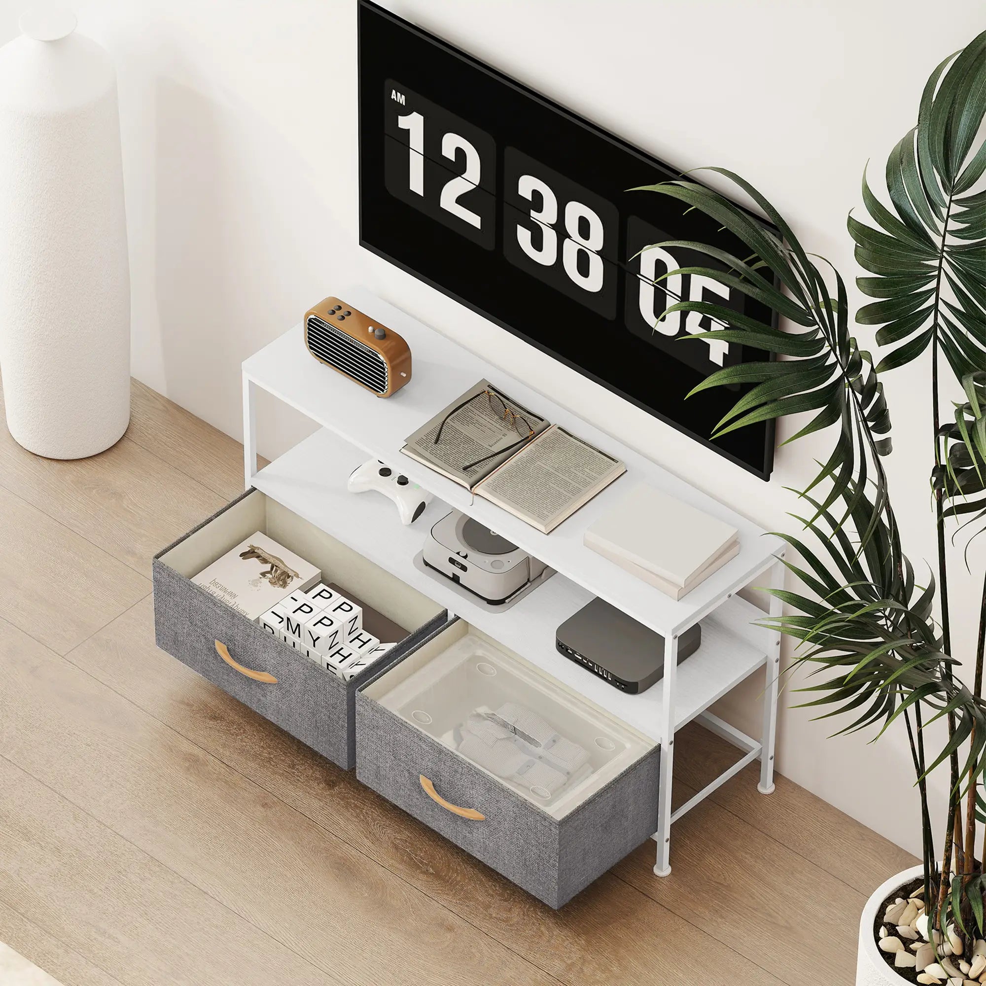 TV Stand with Charging Station, 2 Foldable Drawers, Open Shelf, 47 Inch, White TV Stands at Gallery Canada