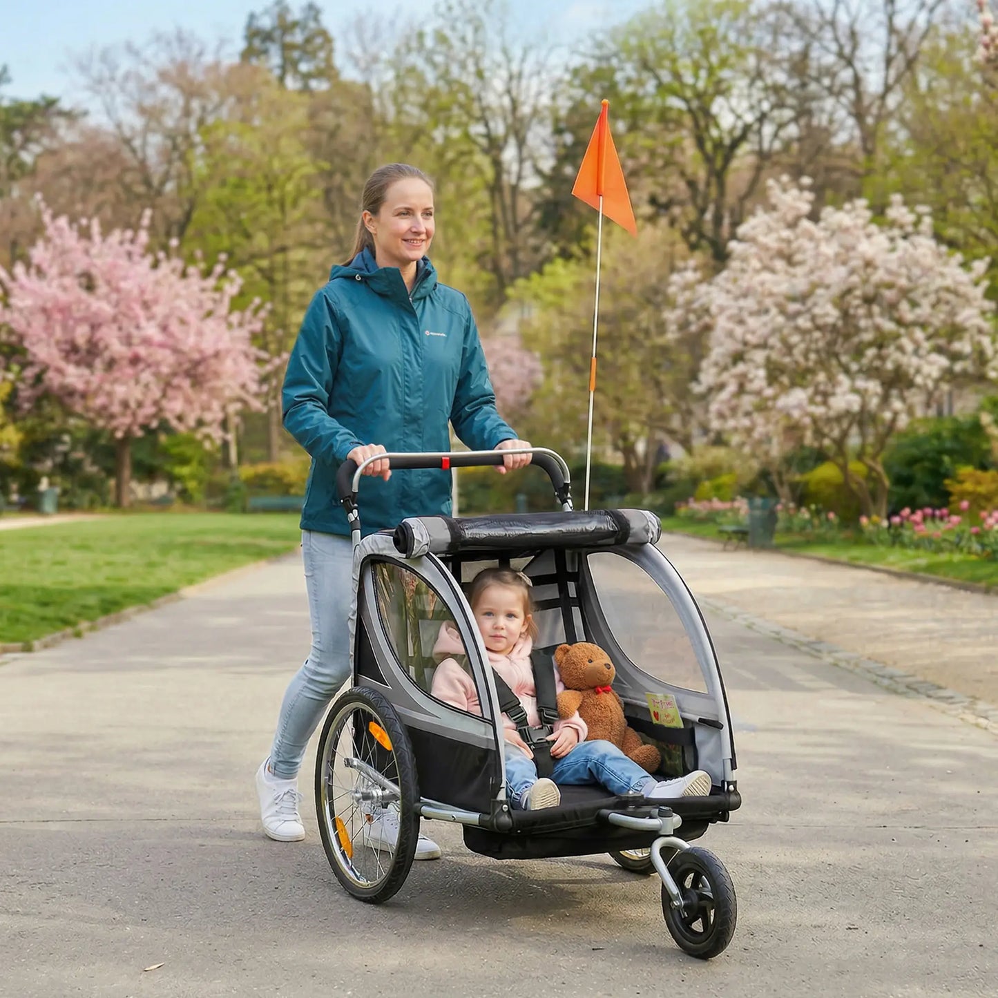 2 Seat Bike Trailer, 2-in-1 Baby Stroller, Handbrake, Rubber Wheels, Grey Kids Bike Trailers at Gallery Canada