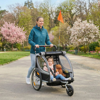 2 Seat Bike Trailer, 2-in-1 Baby Stroller, Handbrake, Rubber Wheels, Grey Kids Bike Trailers at Gallery Canada