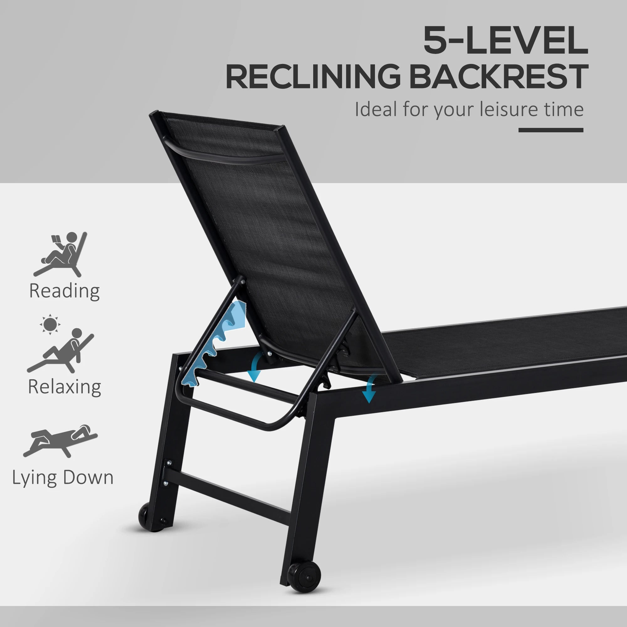 Outdoor Lounge Chair, 5-Position Reclining Backrest, 2 Wheels, Black Lounger Chairs at Gallery Canada