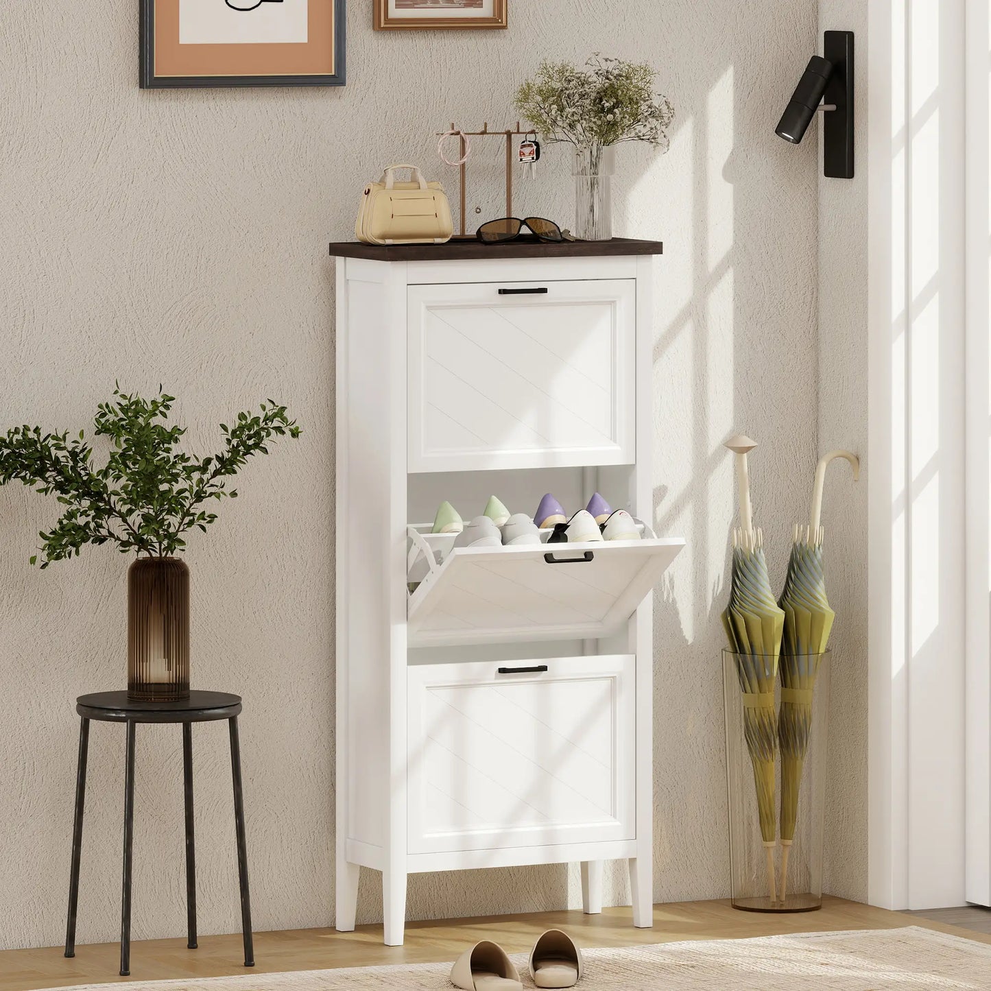 Shoe Cabinet with 3 Flip Drawers, Farmhouse Narrow Shoe Storage Cabinet with Adjustable Shelves, White Shoe Storage Cabinets & Racks at Gallery Canada