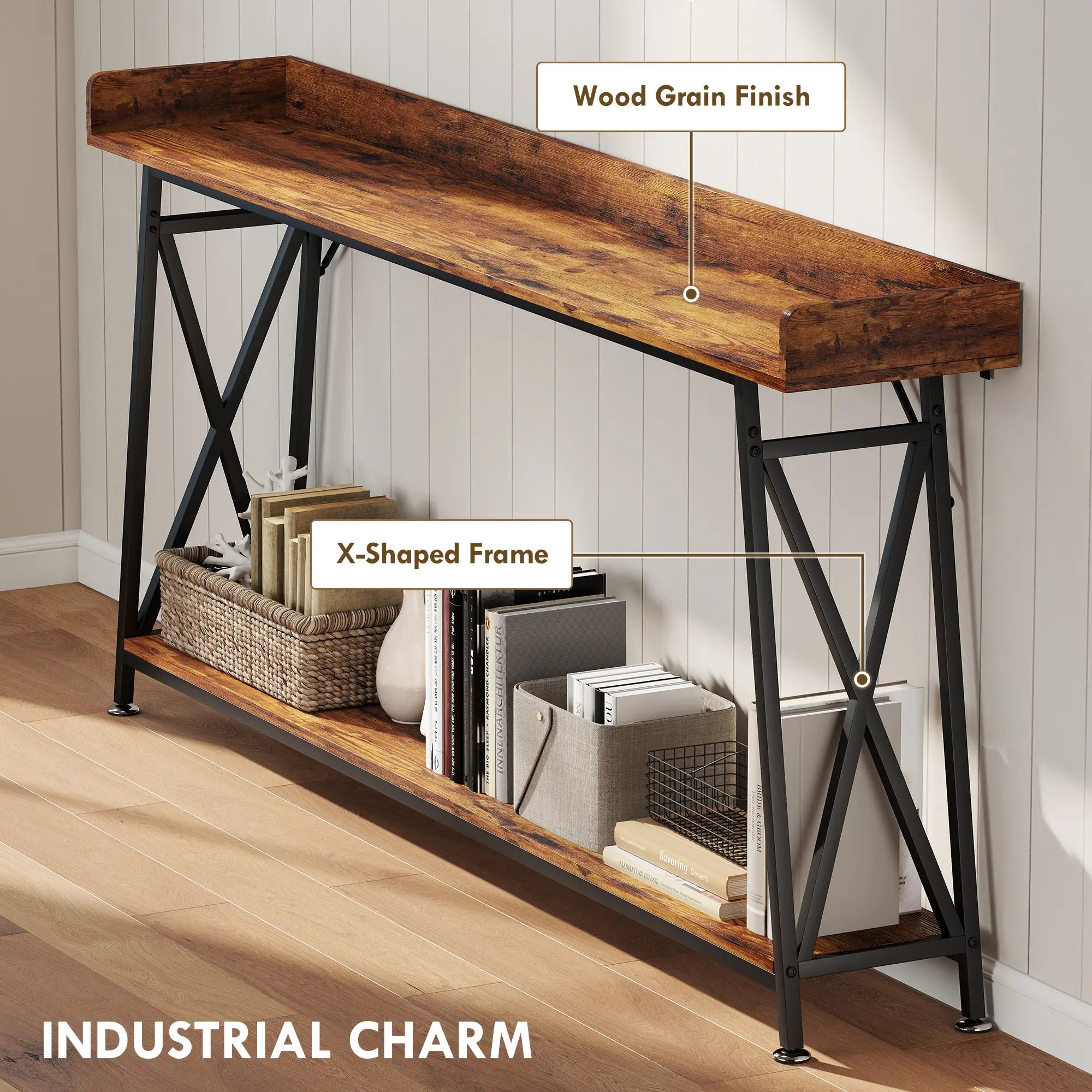 71 Inch Extra Long Console Table with Storage Shelf, Rustic Brown Console Tables at Gallery Canada