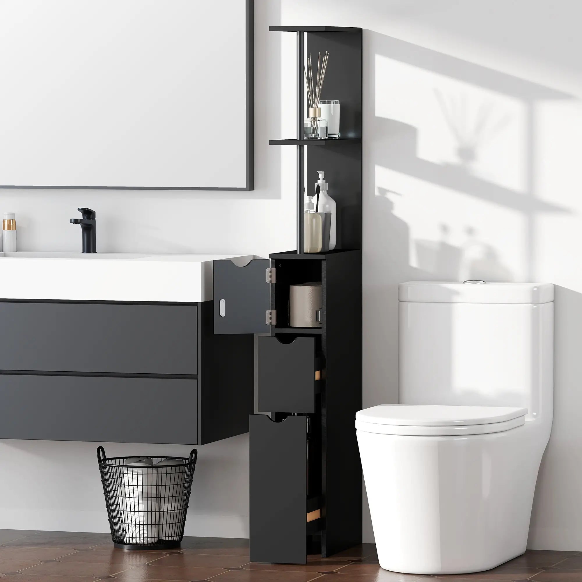 Tall Narrow Bathroom Storage Cabinet, Drawers and Shelves, Black Bathroom Cabinets at Gallery Canada