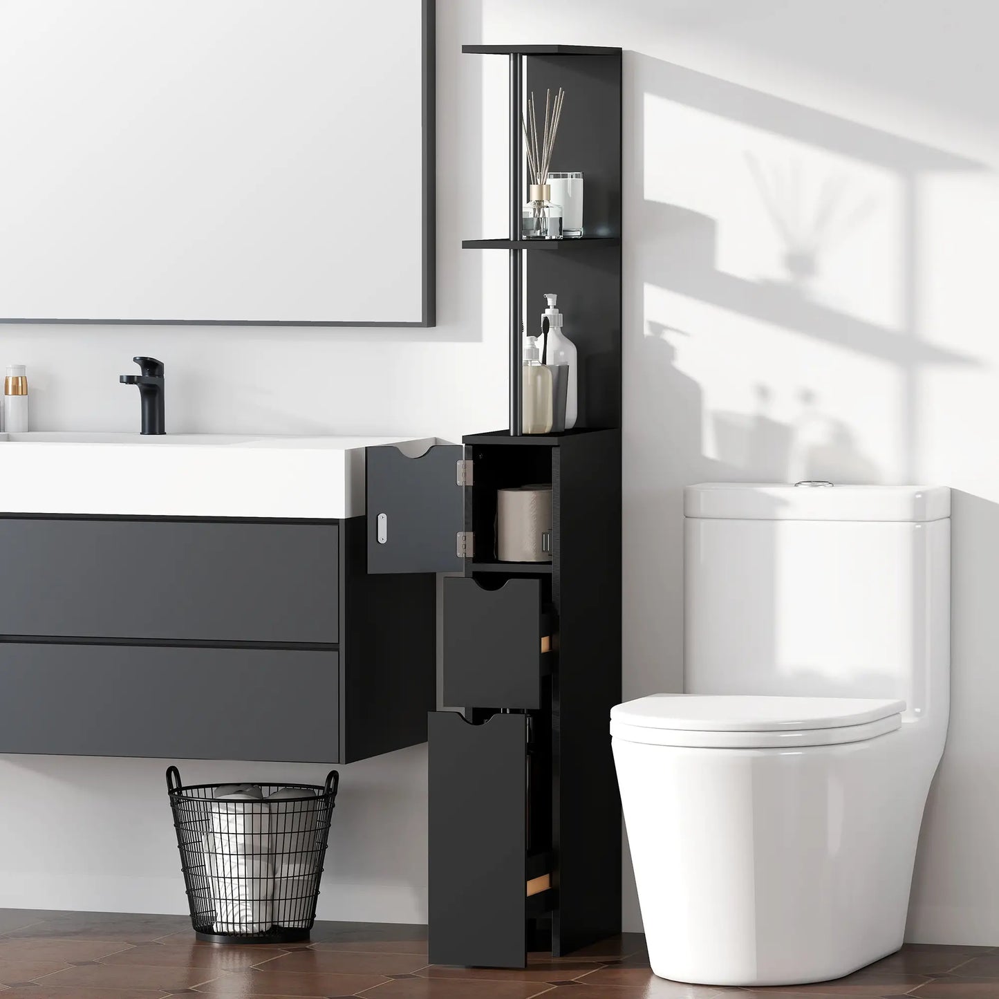Tall Narrow Bathroom Storage Cabinet, Drawers and Shelves, Black Bathroom Cabinets at Gallery Canada