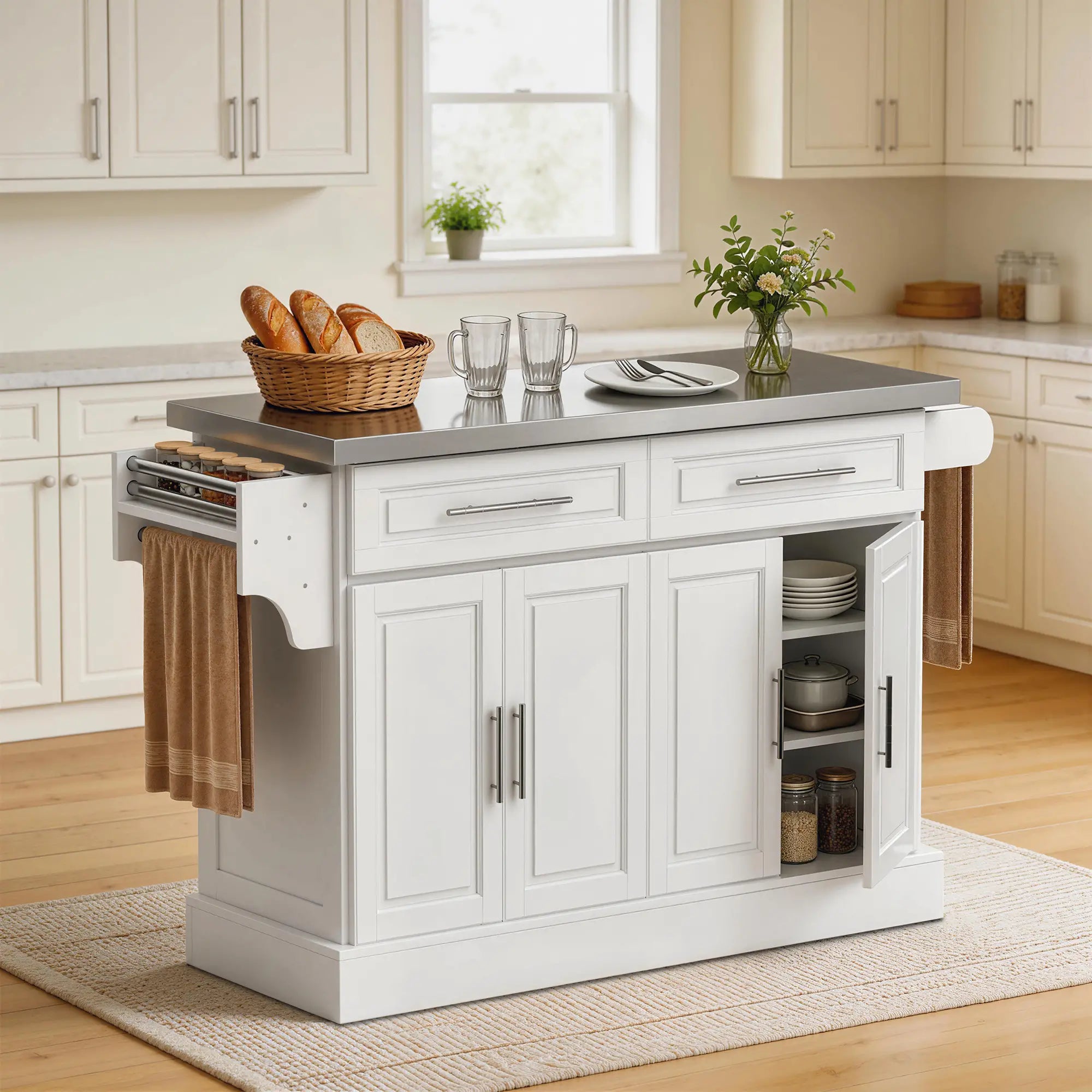 Rolling Kitchen Island with Storage, Stainless Steel Top, Drawers, Cabinets Kitchen Islands & Kitchen Carts at Gallery Canada