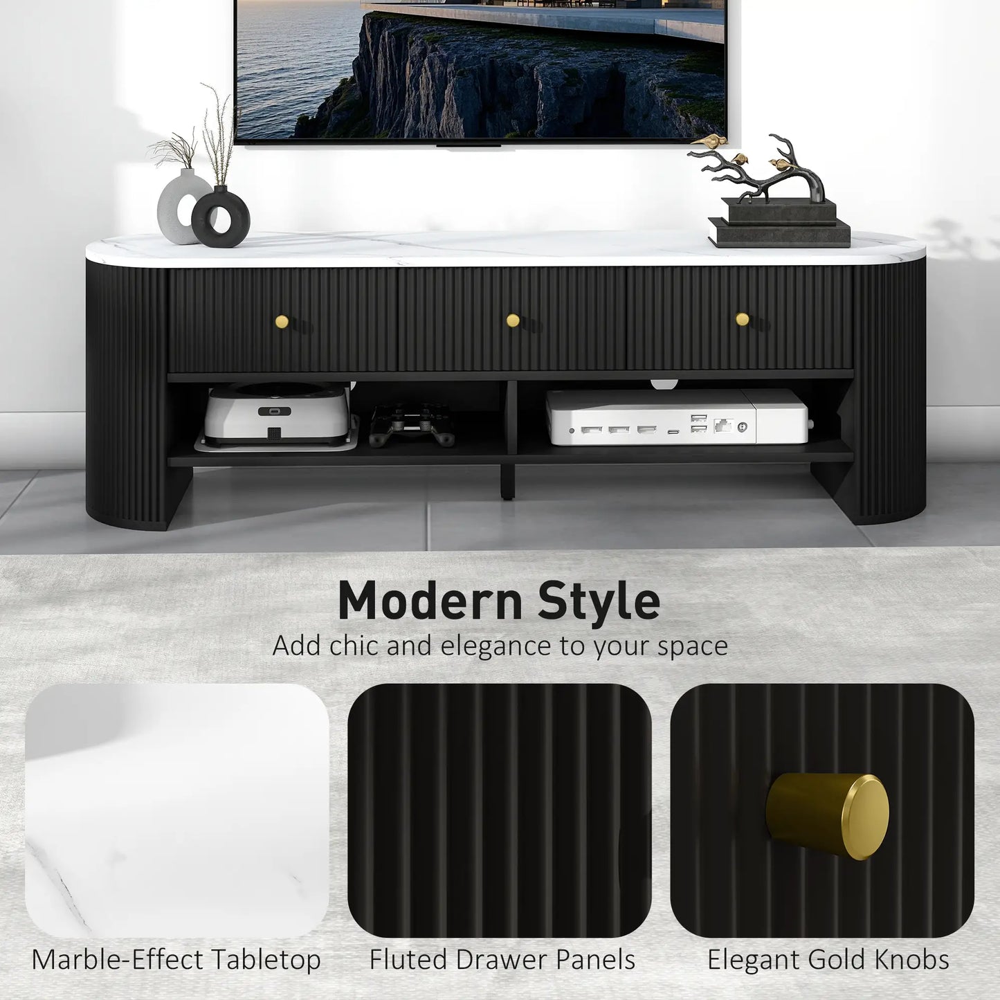 Modern TV Stand, Marble-Effect Top, 3 Drawers, 2 Shelves, 32-65 Inch, Black TV Stands at Gallery Canada