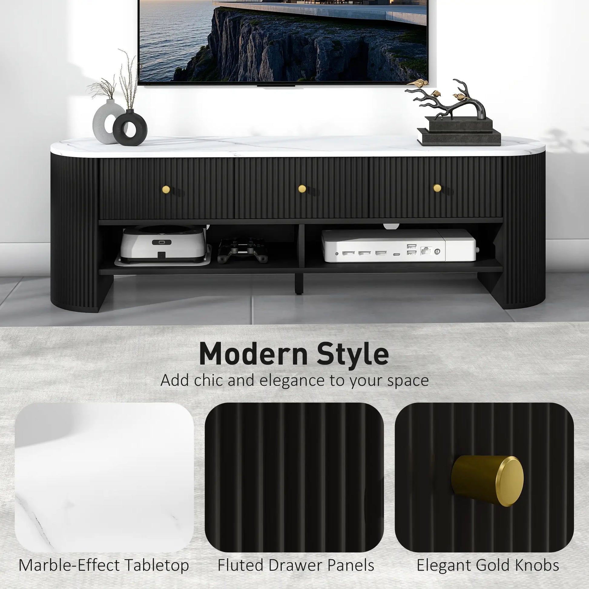 Modern TV Stand, Marble-Effect Top, 3 Drawers, 2 Shelves, 32-65 Inch, Black TV Stands at Gallery Canada