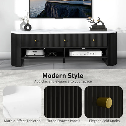 Modern TV Stand, Marble-Effect Top, 3 Drawers, 2 Shelves, 32-65 Inch, Black TV Stands at Gallery Canada