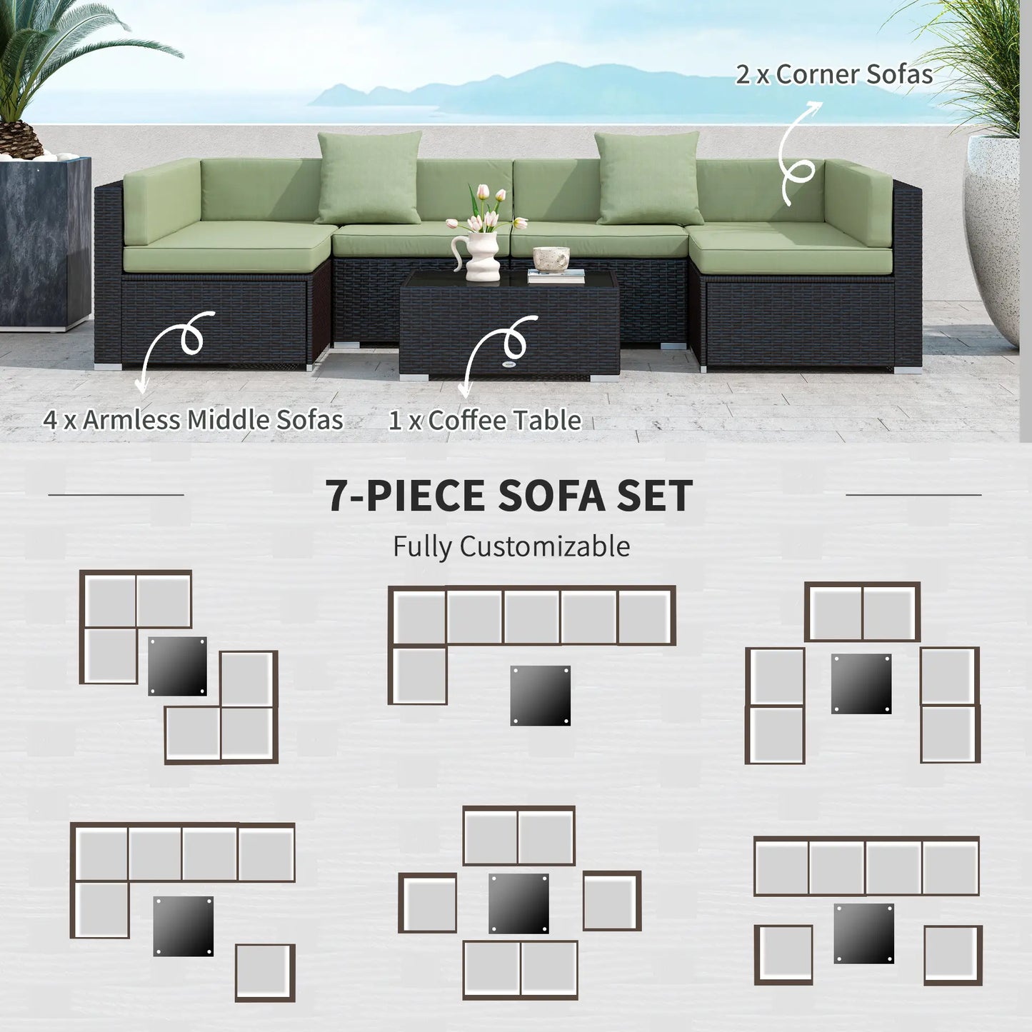 7-Piece Outdoor Rattan Furniture Set, Patio Wicker Sectional Sofa, Light Green Patio Furniture Sets at Gallery Canada