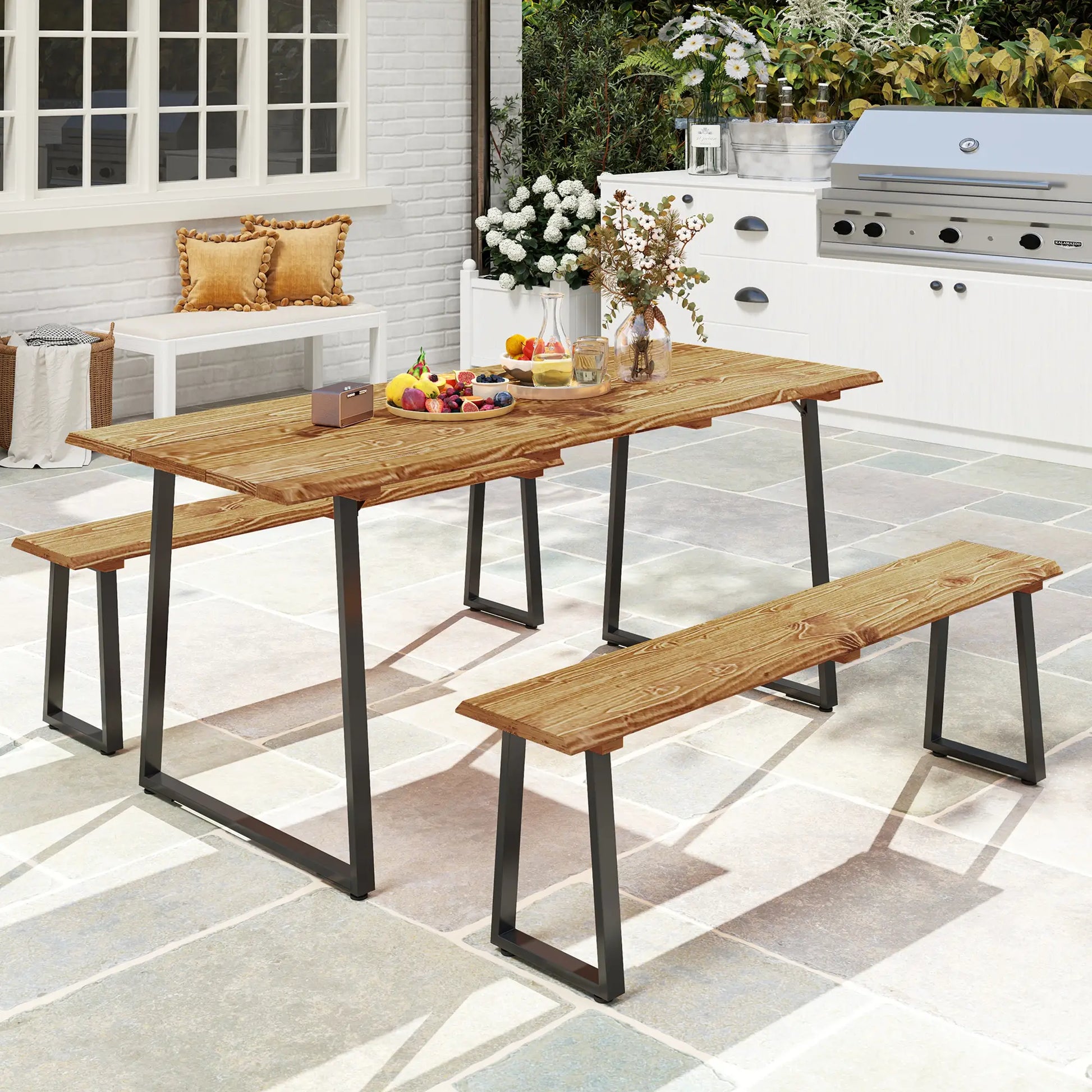 Picnic Table and Bench Set for 6, 2" Umbrella Hole, Steel Frame Outdoor Dining Sets at Gallery Canada