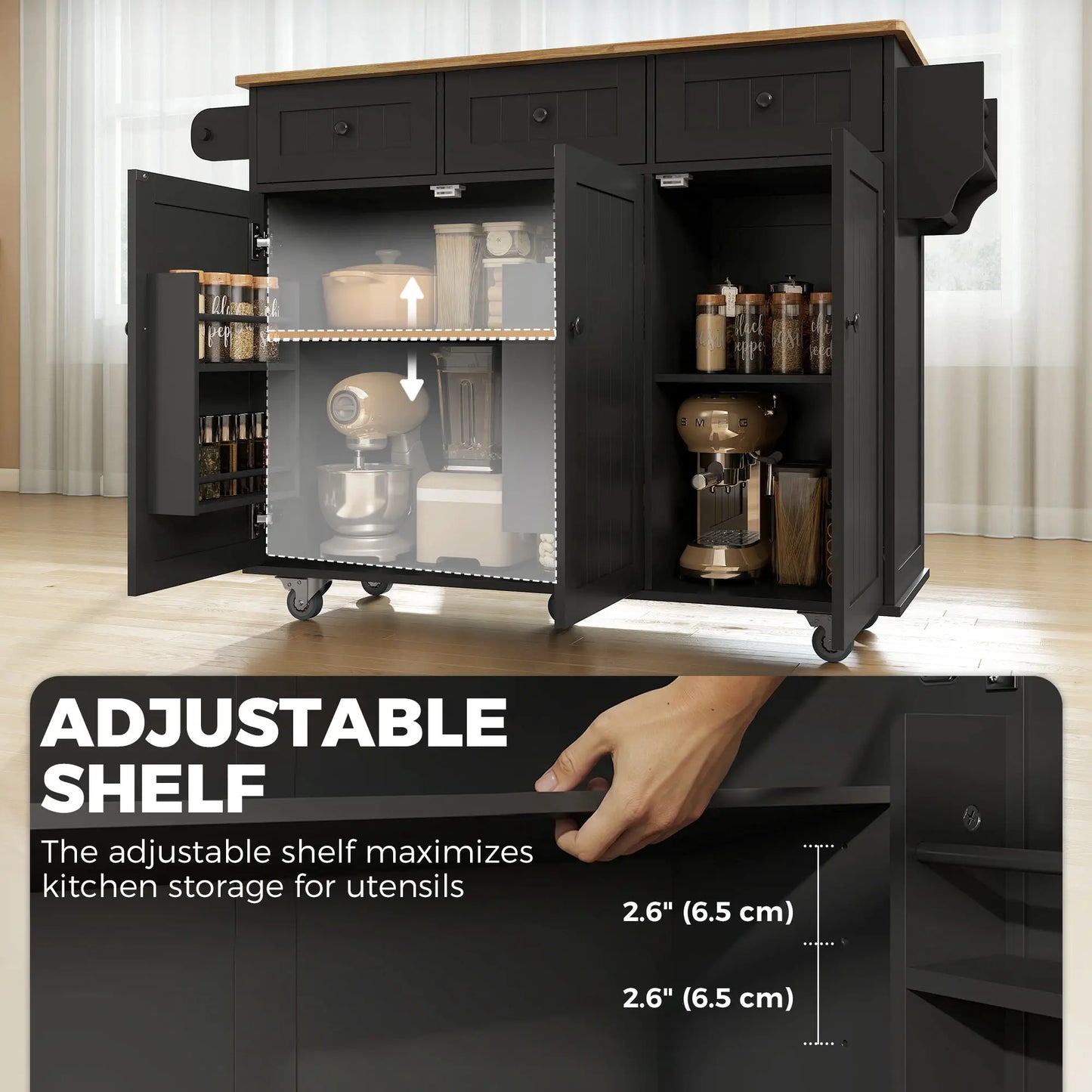 Kitchen Island On Wheels With Drop Leaf, Charging Station, Black Kitchen Islands & Kitchen Carts at Gallery Canada