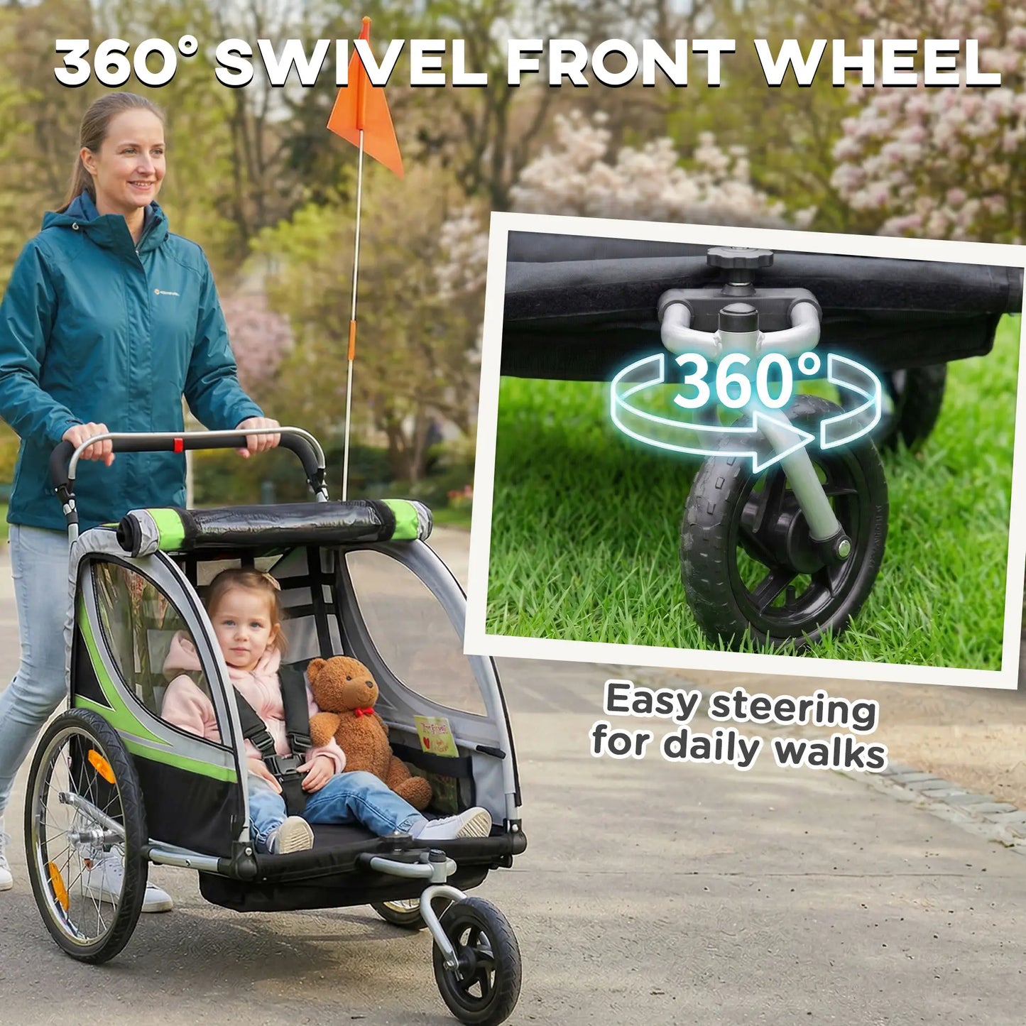 2 Seat Bike Trailer, Double Jogging Stroller, Handbrake, Rubber Wheels, Green Kids Bike Trailers at Gallery Canada