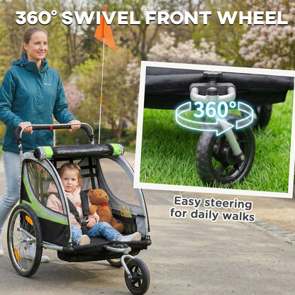 2 Seat Bike Trailer, Double Jogging Stroller, Handbrake, Rubber Wheels, Green Kids Bike Trailers at Gallery Canada