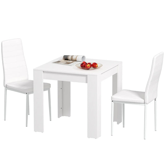 Square Dining Table Set for 2, PU Leather Chairs, White