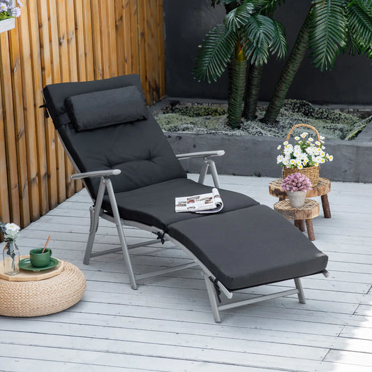 Outdoor Folding Chaise Lounge, Adjustable Backrest, Black Lounger Chairs Black at Gallery Canada
