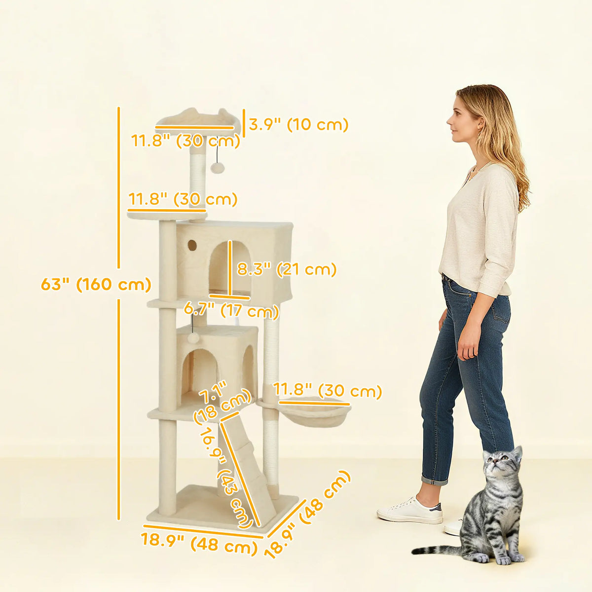 63 Inch Cat Tree, Sisal Scratching Posts, Condos, Perches, Hammock, Ladder, Beige