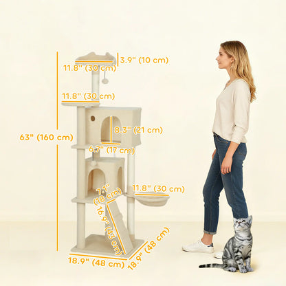 63 Inch Cat Tree, Sisal Scratching Posts, Condos, Perches, Hammock, Ladder, Beige