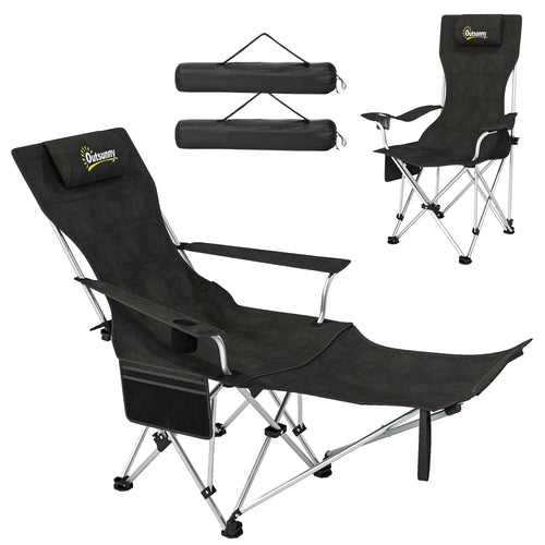 Set of 2 Reclining Camping Chairs with Foot Rest, Headrest, Cup Holder, Storage Bag, Black