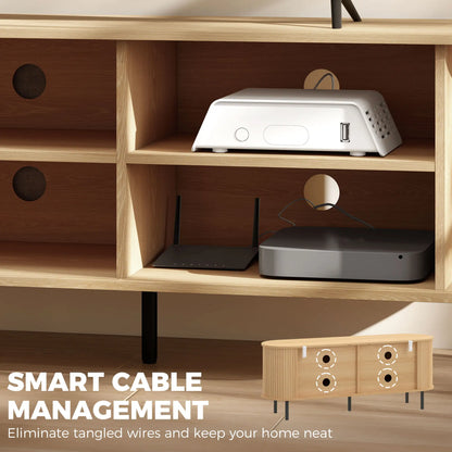 TV Stand for TVs up to 60", Modern Entertainment Center with Curved Sliding Doors, Natural Wood