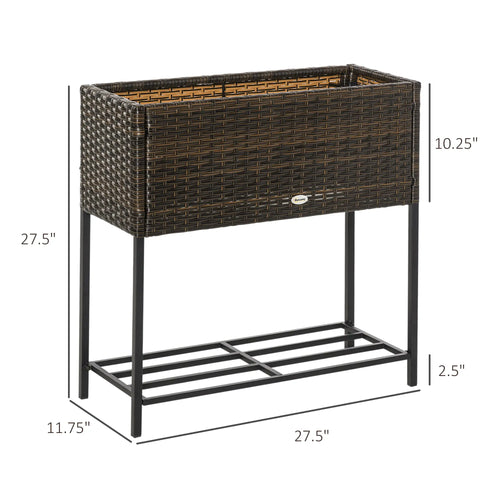 Rattan Raised Garden Box, Elevated Flower Bed with Shelf, Brown