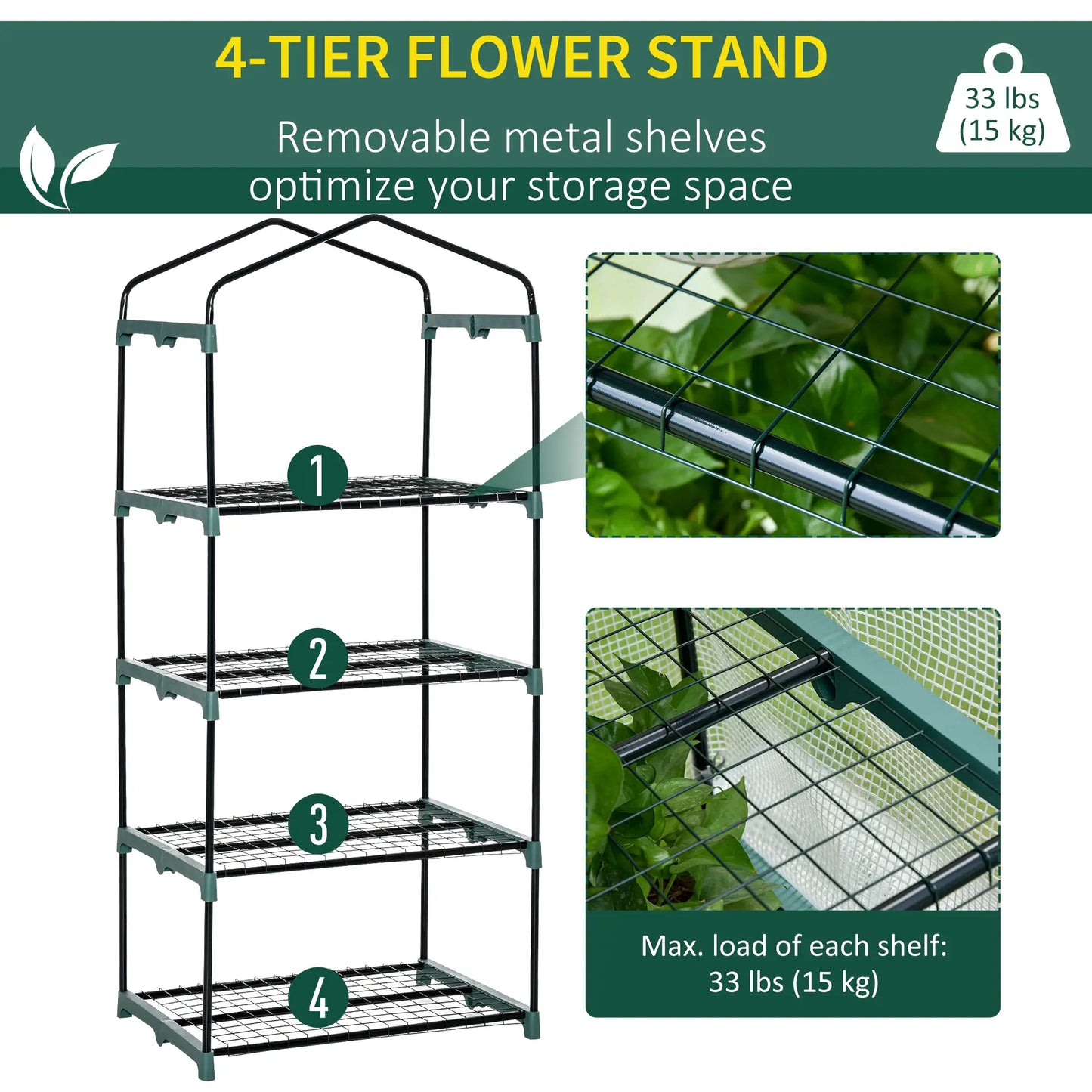 Portable Greenhouse With 4 Tier Shelves, Steel Frame, PE Cover, 28" x 20" x 63", White