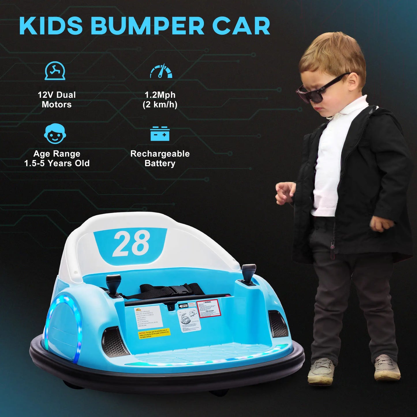 12V Toddler Bumper Car, 360 Remote Control, Lights Music Horn, 1.5-5 Years, Light Blue Electric Toy Cars at Gallery Canada