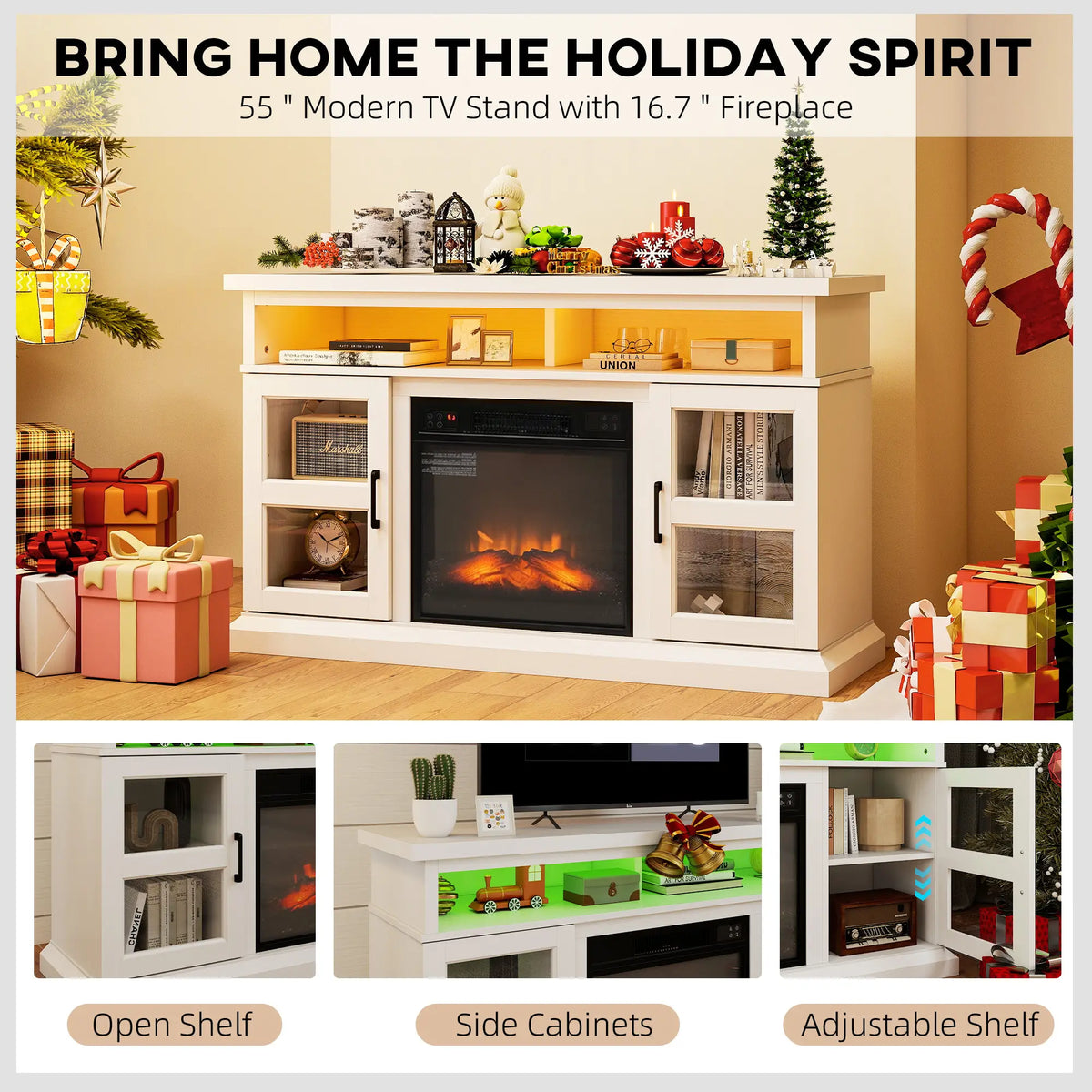 48 Inch Fireplace TV Stand, 3D Flame, Adjustable Shelves, White Electric Fireplaces at Gallery Canada