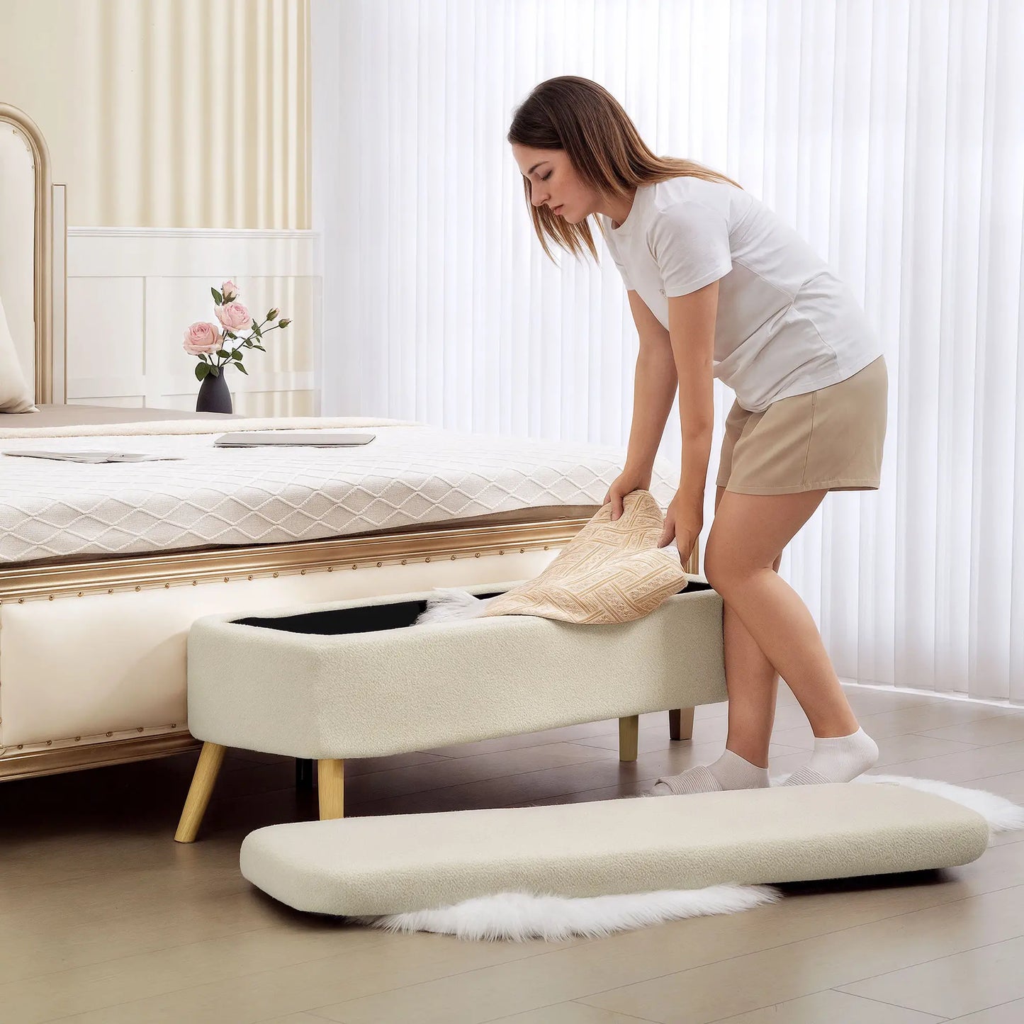 47 Inches Storage Ottoman Bench, Upholstered Teddy Fleece, Beige Storage Ottomans & Benches at Gallery Canada