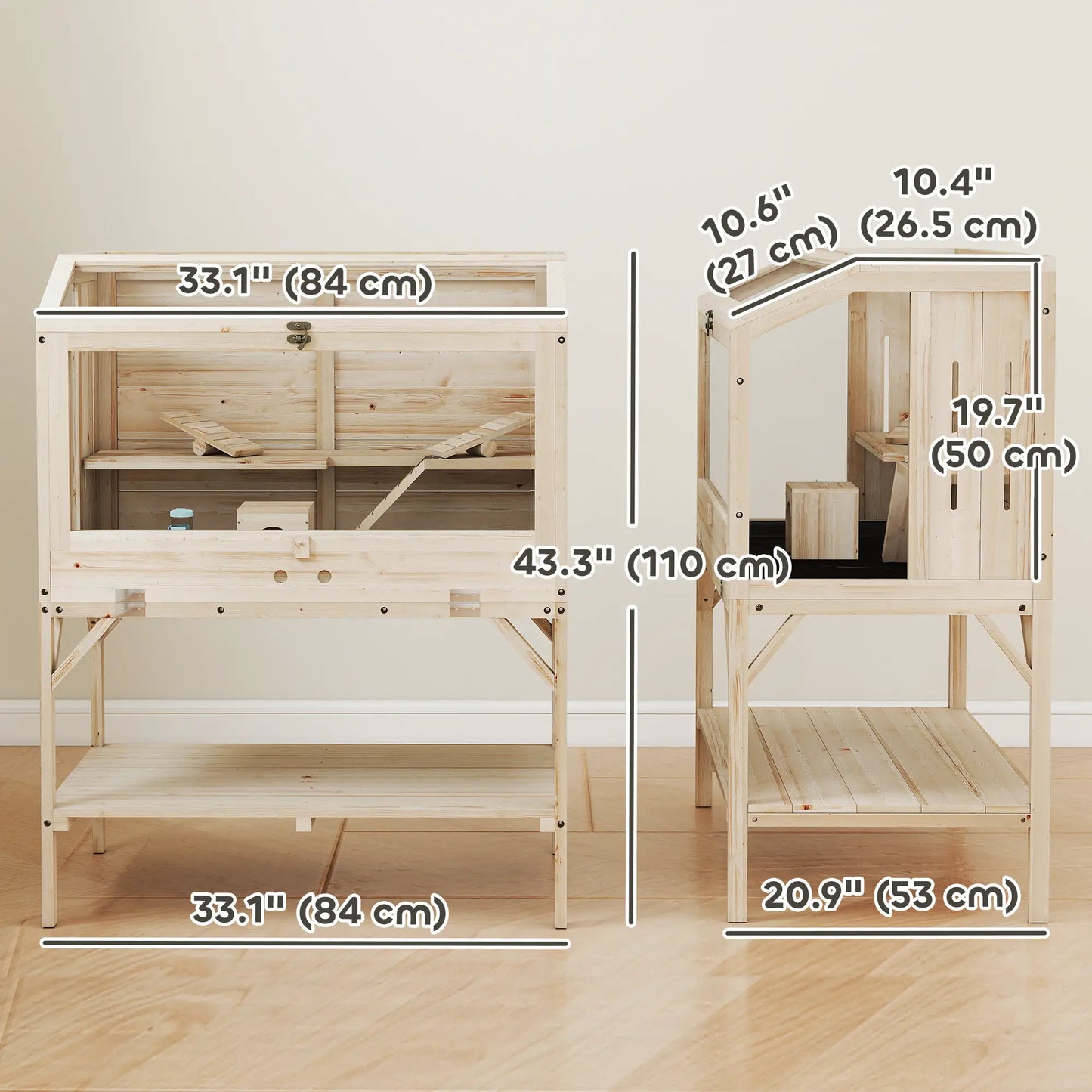 Cage en bois pour hamster, dessus ouvrable, biberon d'eau, panneaux transparents, transparent