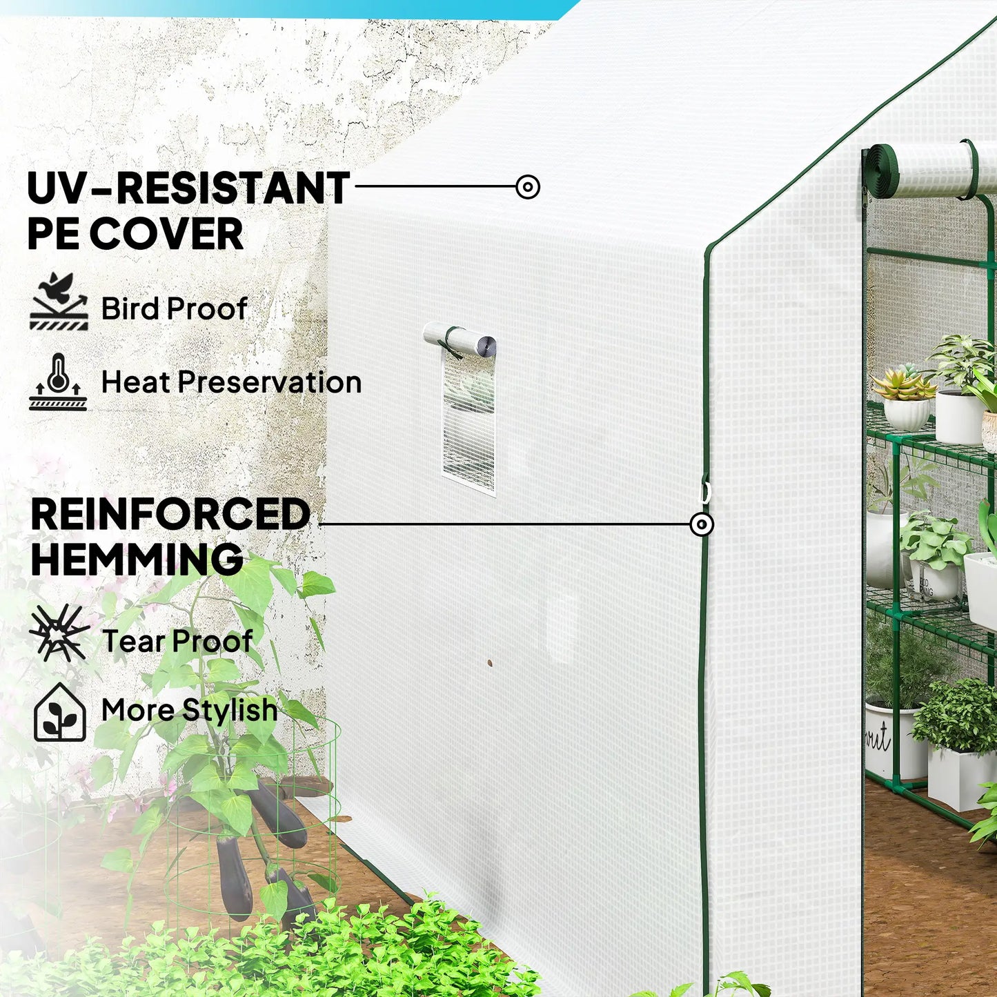 Walk-In Greenhouse, 3 Tier, Roll-Up Door, Mesh Windows, 140 x 213 x 190 cm, White