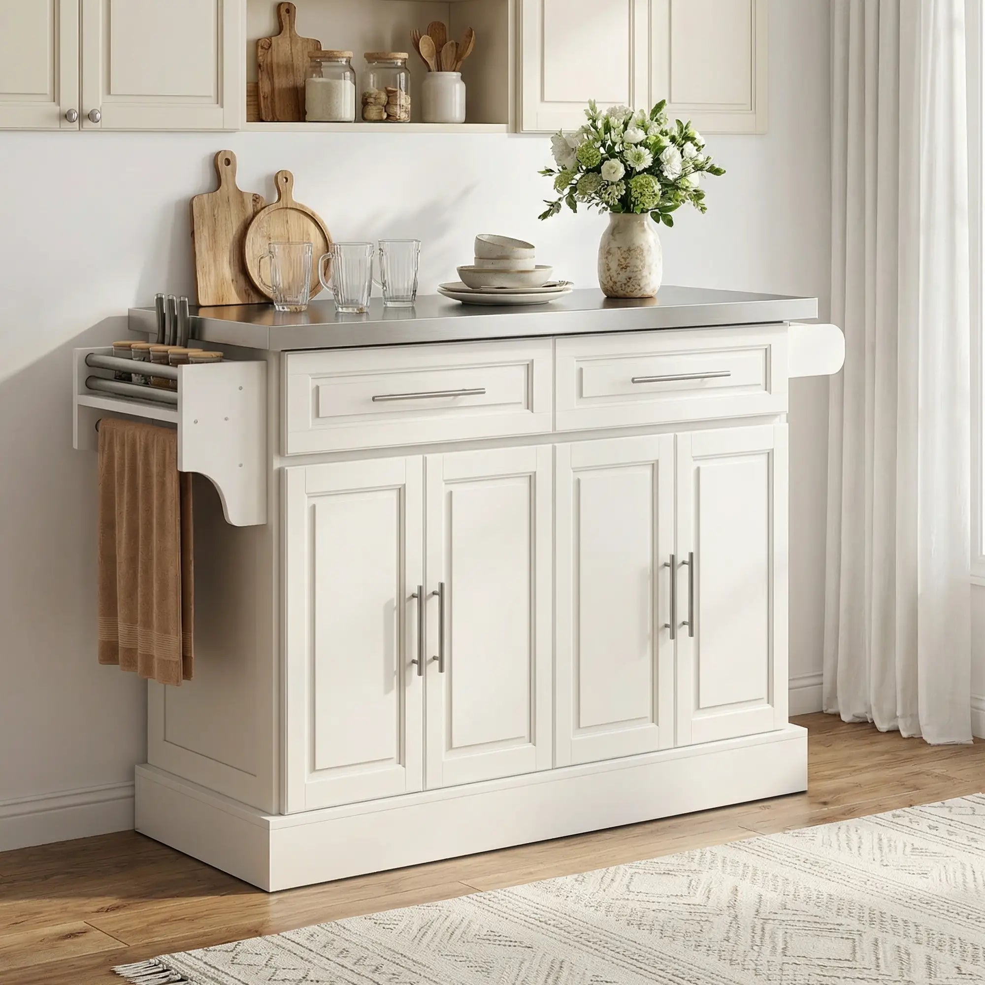 Rolling Kitchen Island with Storage, Stainless Steel Top, Drawers, Cream Kitchen Islands & Kitchen Carts at Gallery Canada
