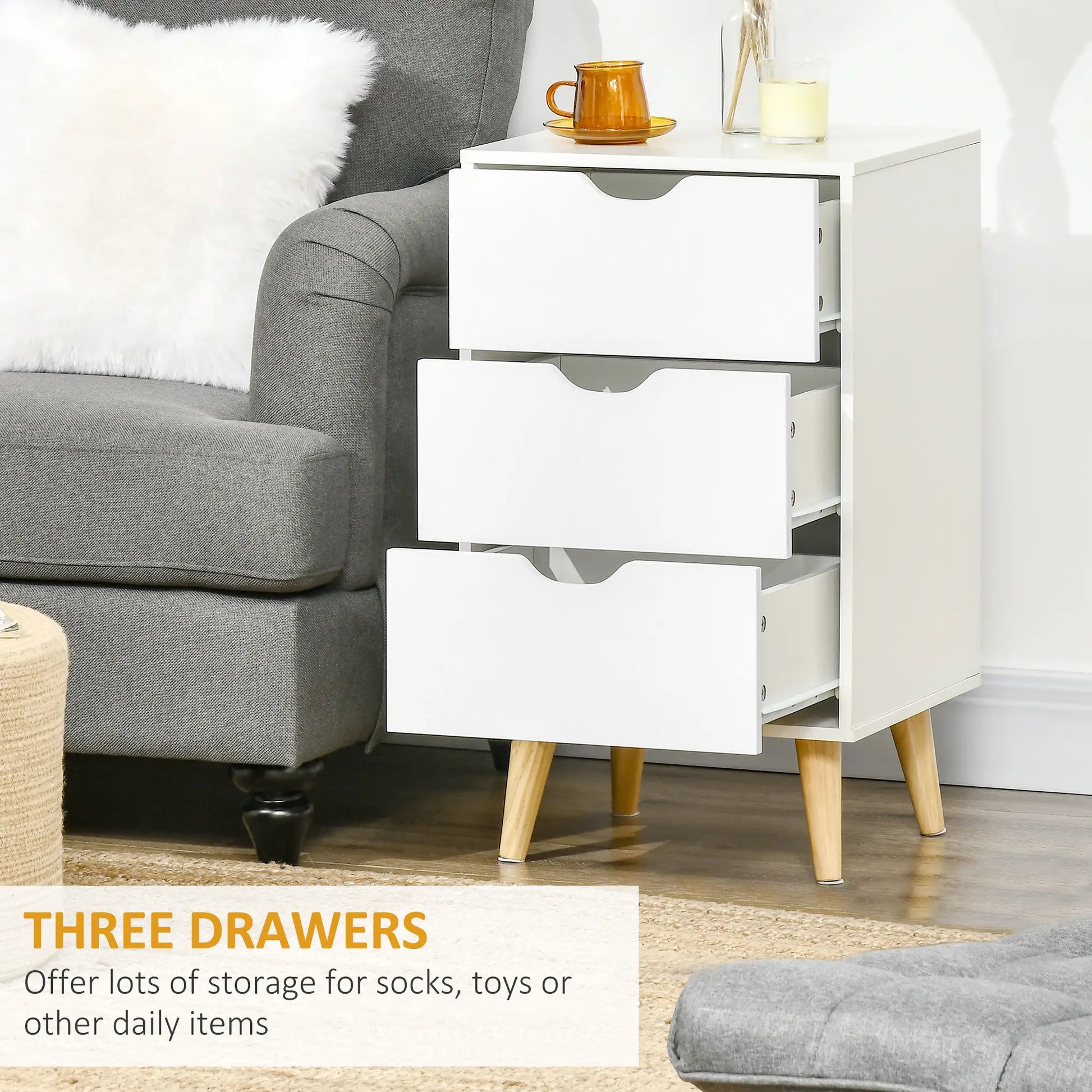 Modern Nightstand, 3 Drawers, Wood Legs, White Bedside Tables at Gallery Canada