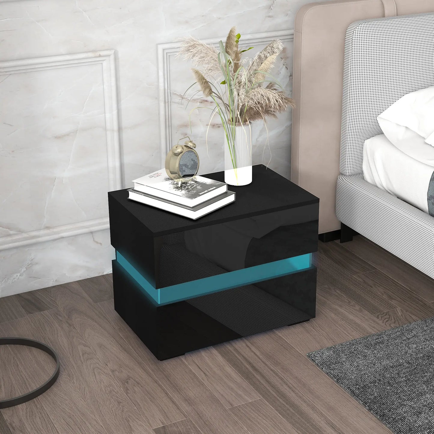 Modern Nightstand, 2 Drawers, USB RGB LED Lights, Remote, Black Bedside Tables at Gallery Canada