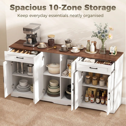 71" Sideboard Buffet Cabinet, Coffee Bar, 2 Drawers, 6 Barn Doors, White