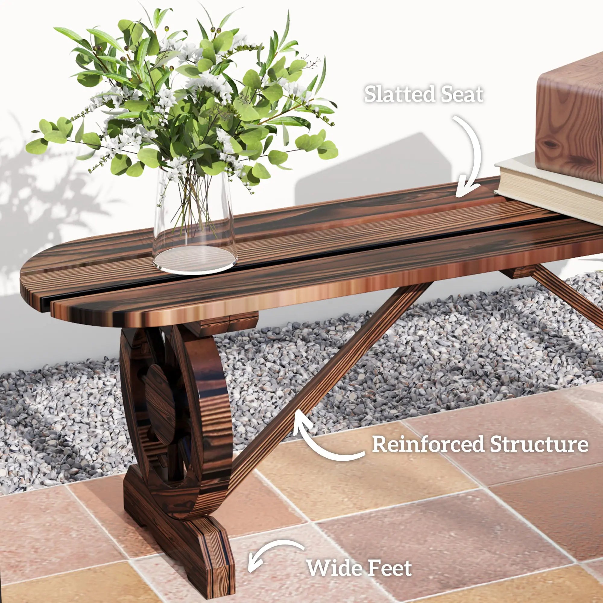 2-Person Outdoor Bench, Wood Garden Bench with Wagon Wheel Legs, Carbonized Outdoor Benches at Gallery Canada