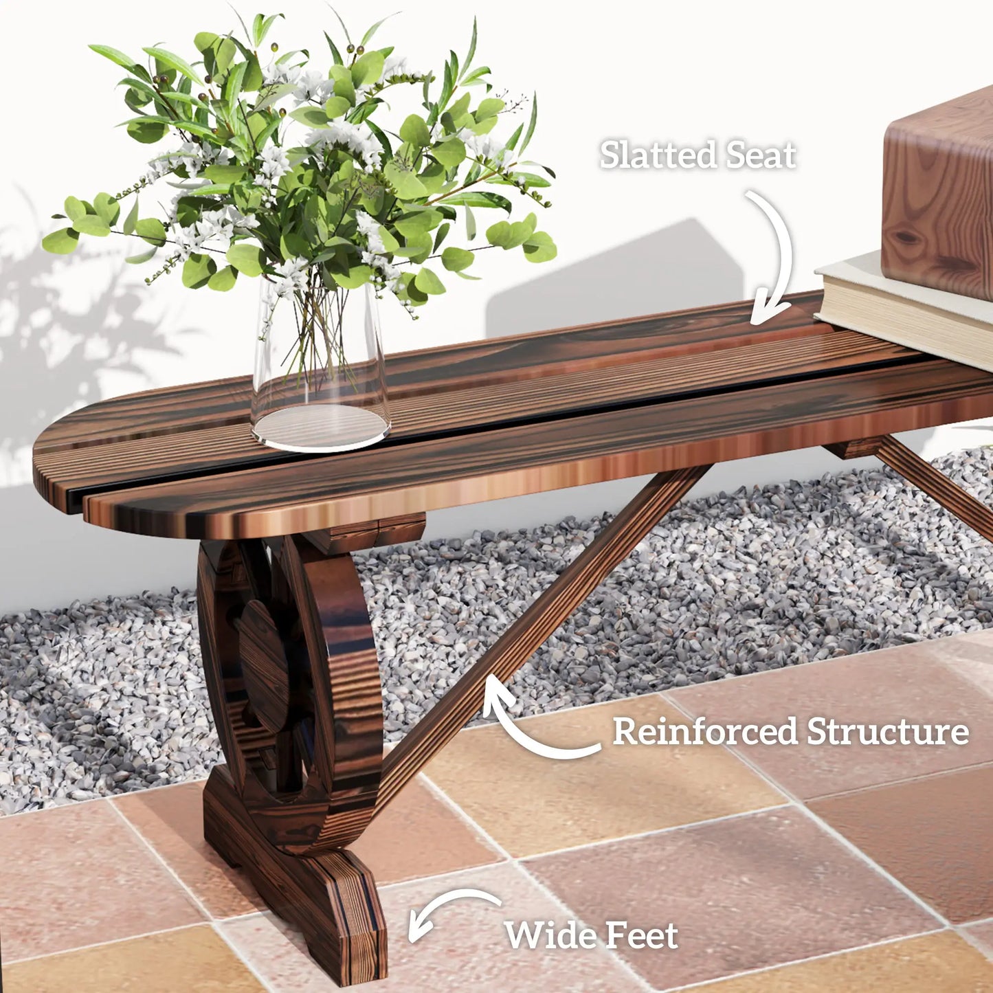 2-Person Outdoor Bench, Wood Garden Bench with Wagon Wheel Legs, Carbonized Outdoor Benches at Gallery Canada