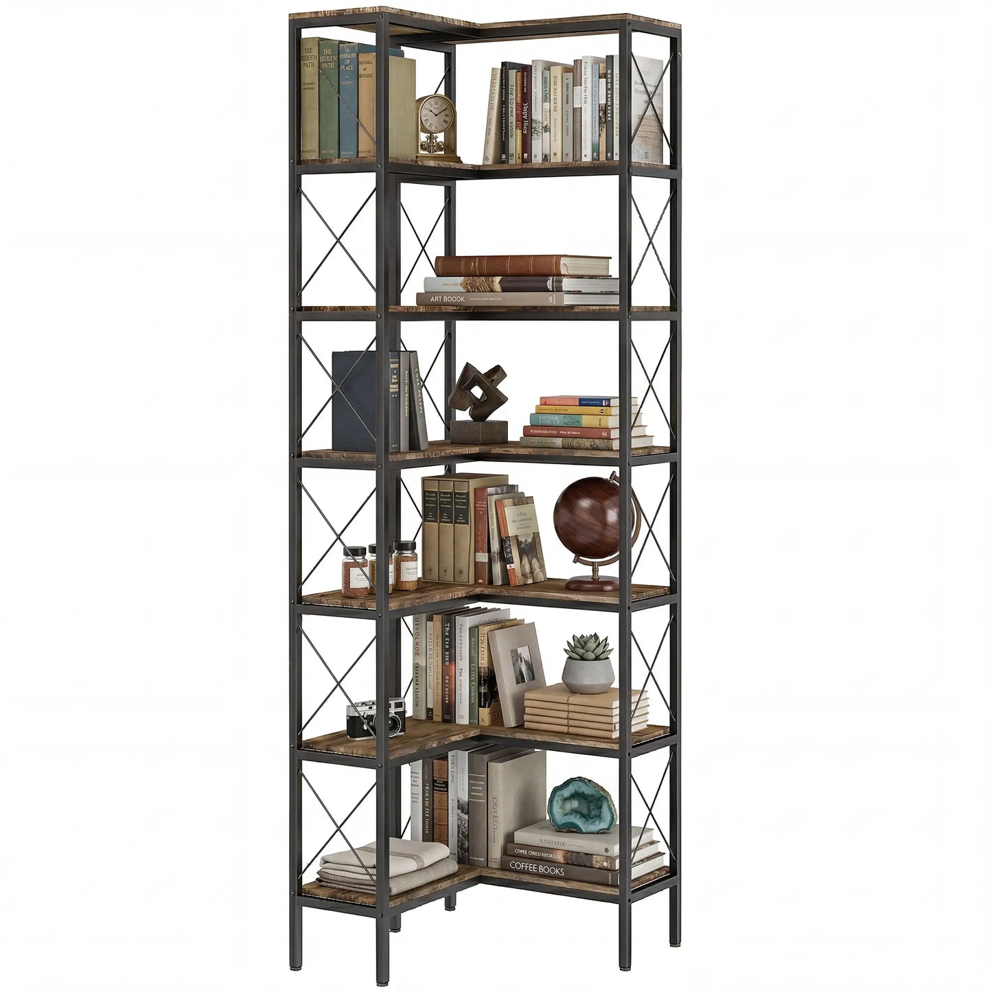 6-Tier L-Shaped Bookshelf, Freestanding Corner Bookcase with Metal Frame, Rustic Brown Display Bookshelves at Gallery Canada