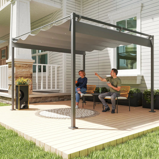 10' x 10' Grey Outdoor Gazebo, Retractable Pergola Canopy, UPF30+ Metal Kit, Grey Pergolas Grey at Gallery Canada