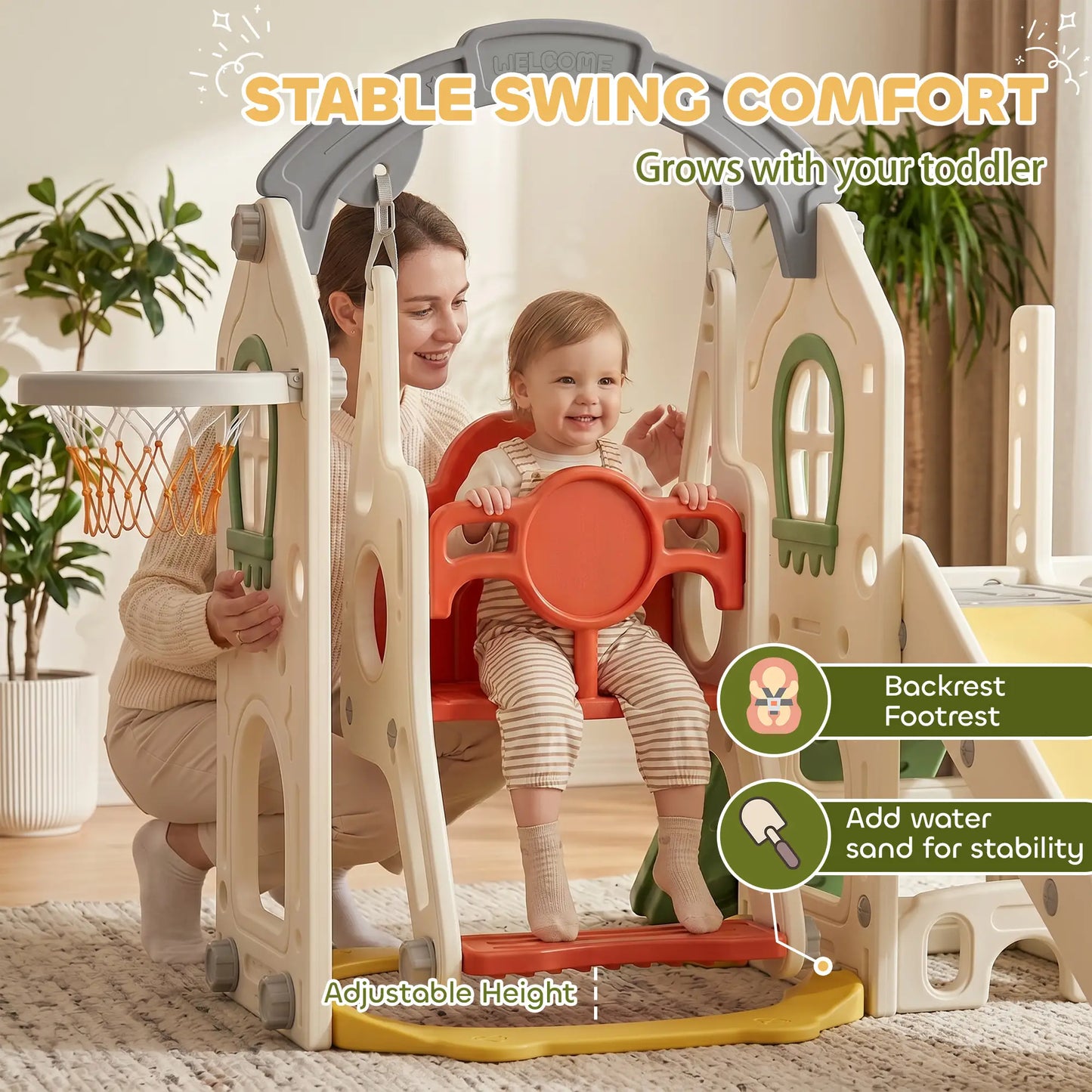 Ensemble de toboggan et balançoire pour tout-petits 5-en-1 avec siège réglable, crème