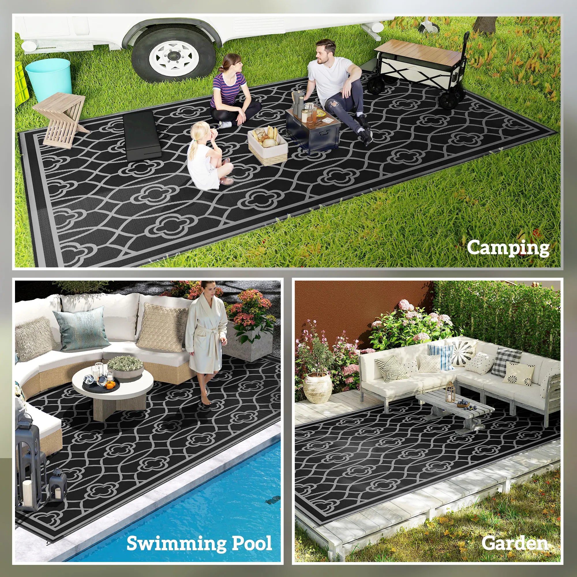 9' x 18' Outdoor RV Rug, Reversible Patio Floor Mat, Black and Grey Garden Decor at Gallery Canada